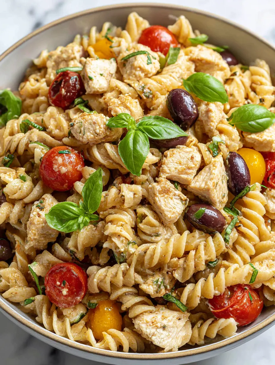 A bowl of pasta with chicken, tomatoes, and basil.
