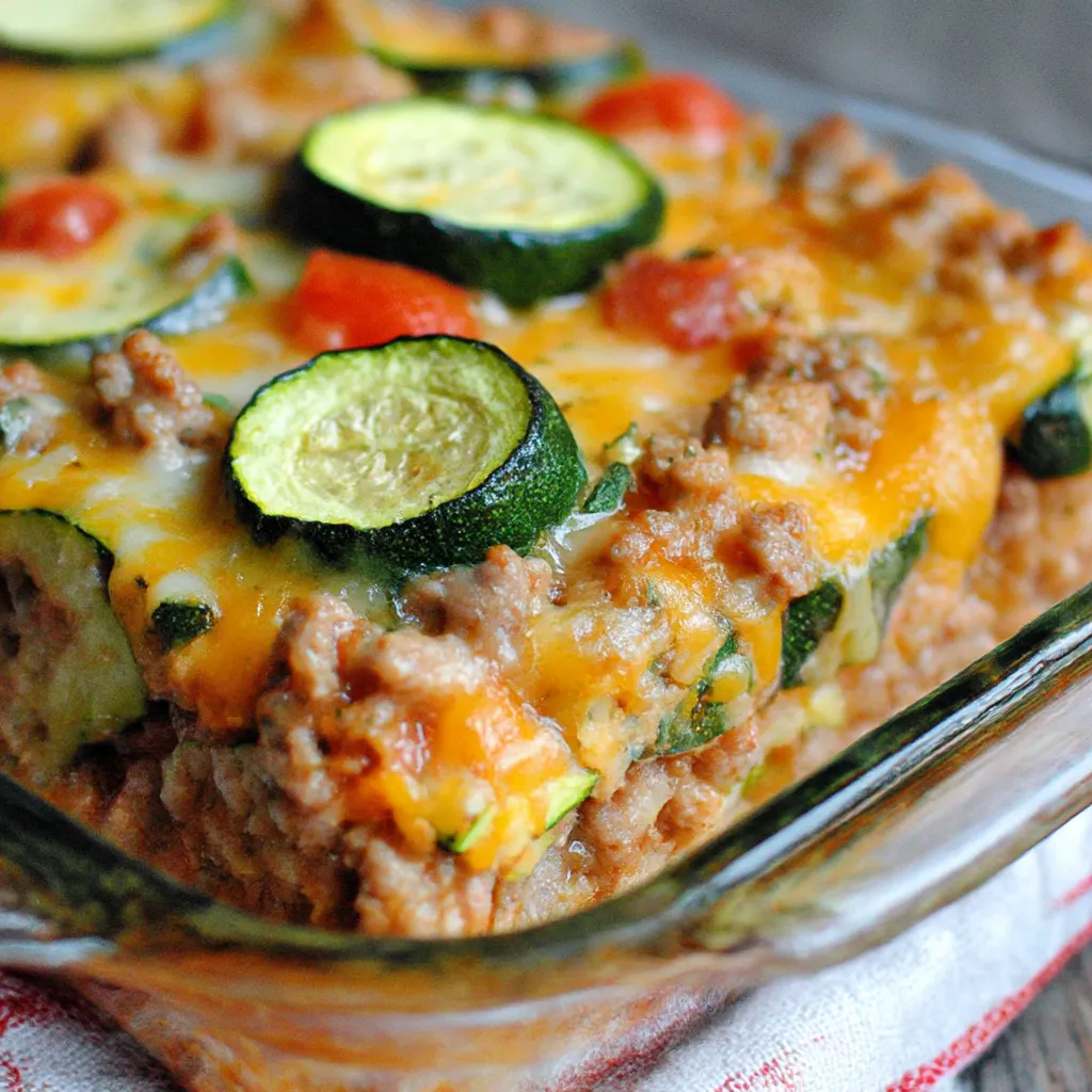 A savory ground turkey zucchini casserole.