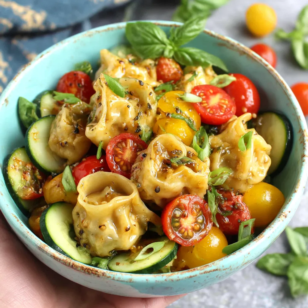 A bowl of pasta with tomatoes and cucumbers.