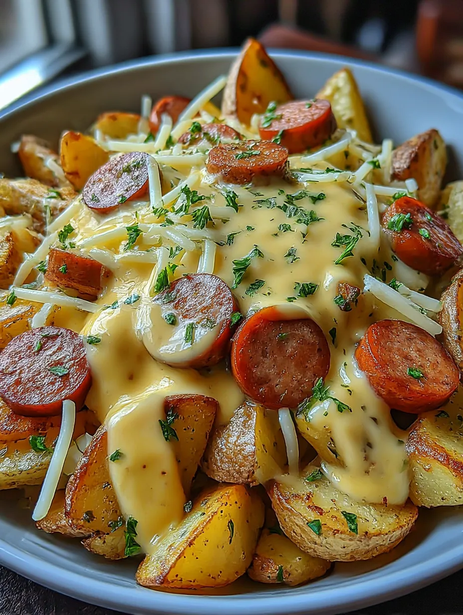 A bowl of food with cheese and sausage.