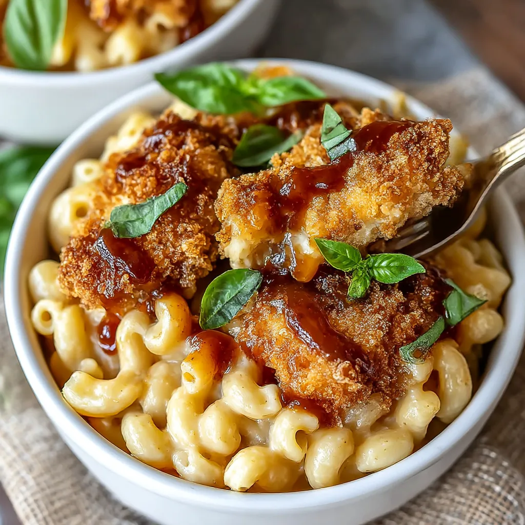 A bowl of macaroni and cheese with chicken and sauce.