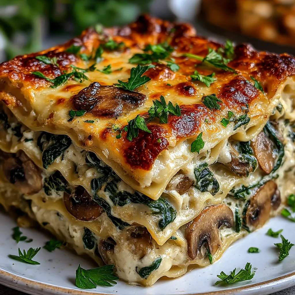 A stack of lasagna with mushrooms and spinach.