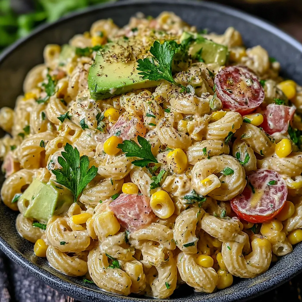 A bowl of pasta with tomatoes, corn, and avocado.