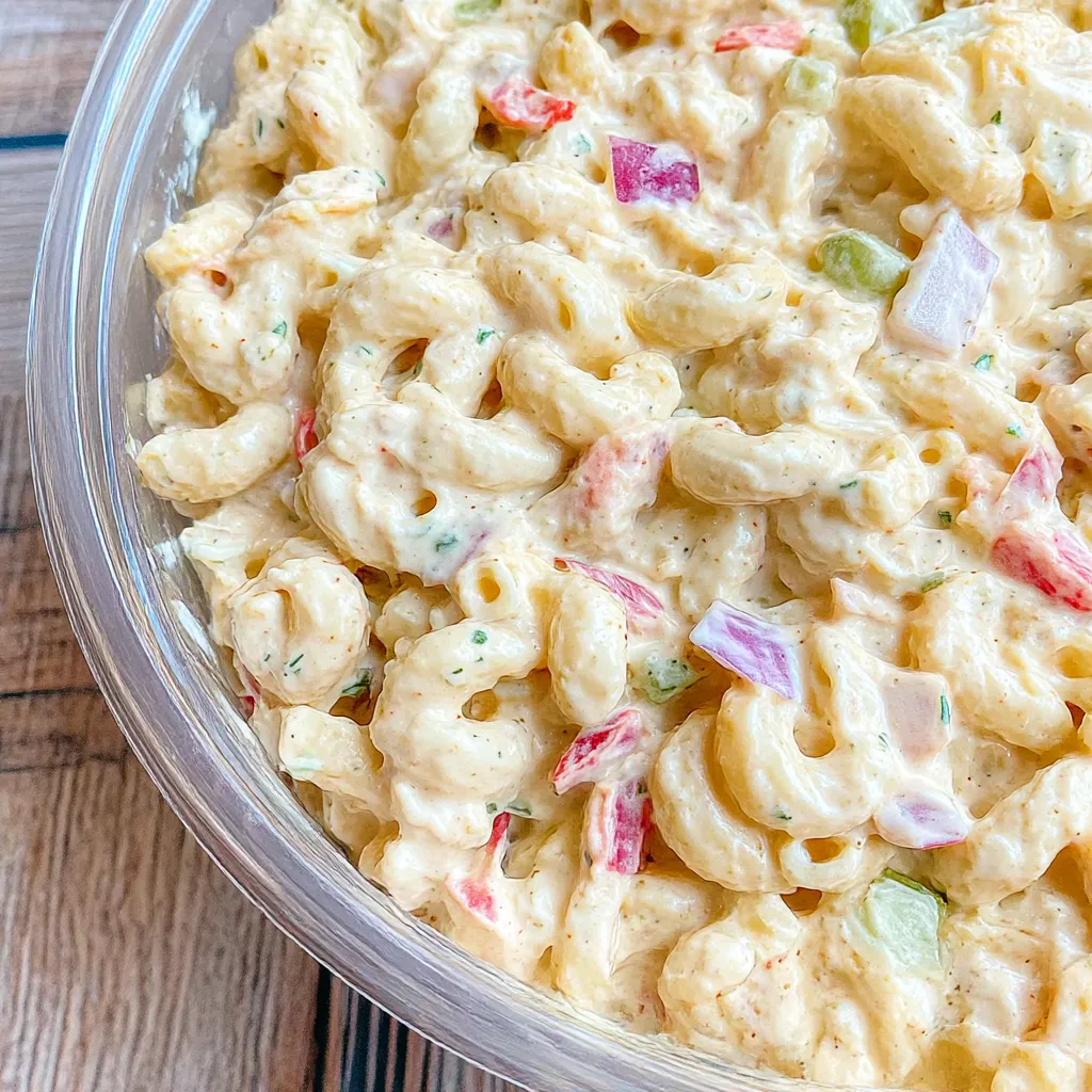 A bowl of macaroni salad with red peppers.