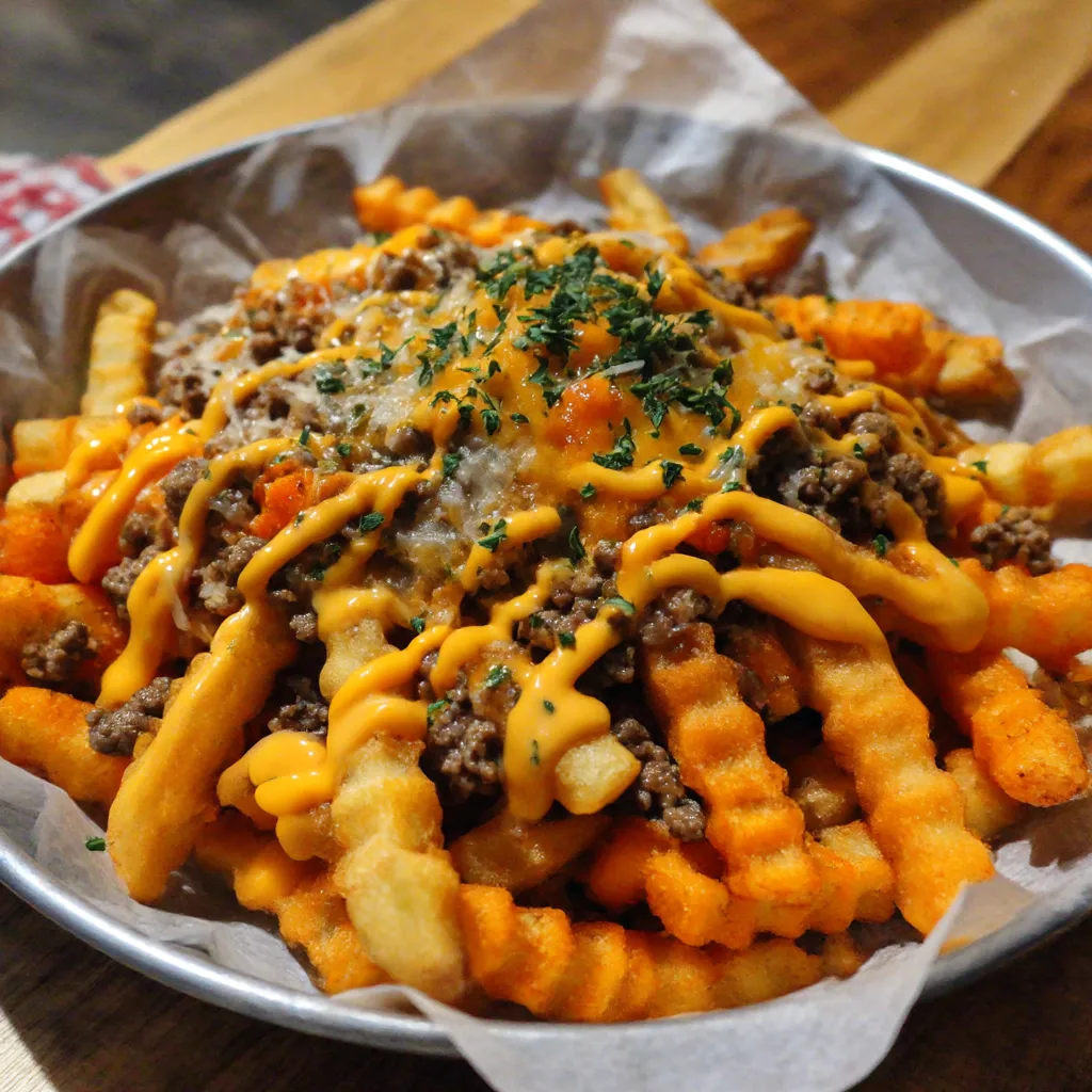 A plate of french fries with cheese and meat on top.