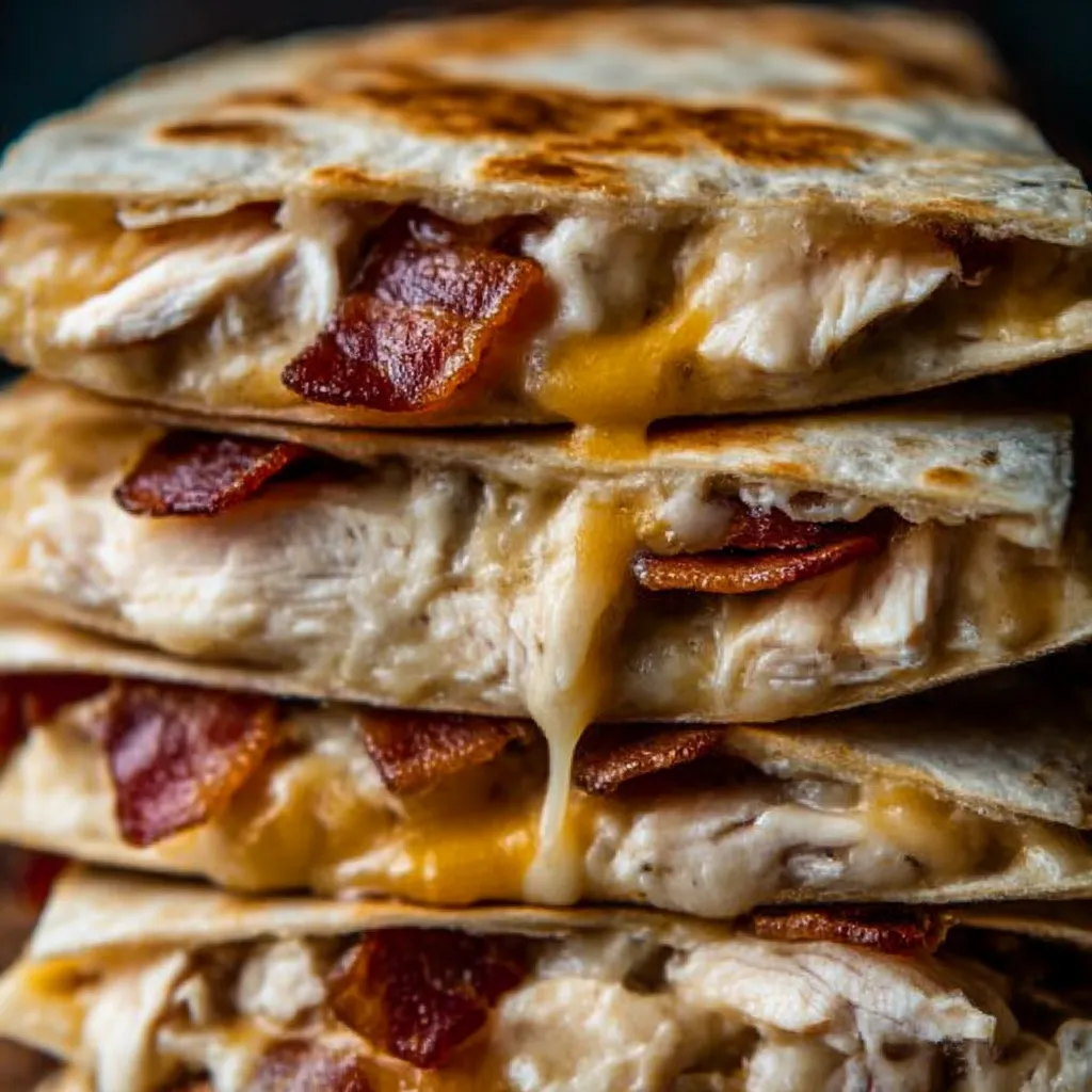 Bacon and cheese sandwiches stacked on top of each other.
