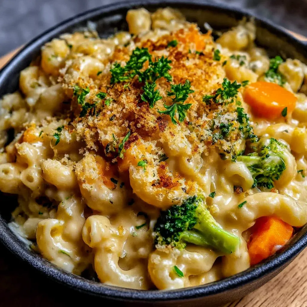 A bowl of macaroni and cheese with broccoli and carrots.