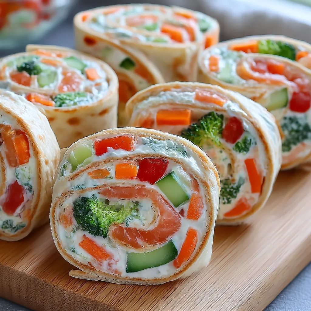 A wooden cutting board with a variety of vegetable wraps.