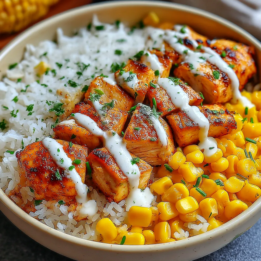 A bowl of rice, chicken, and corn.