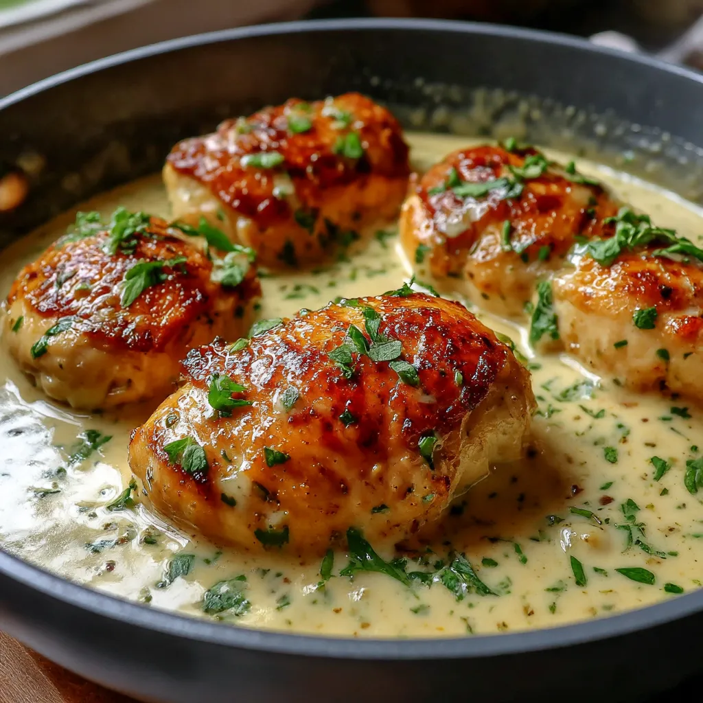 Chicken with sauce in a pan.