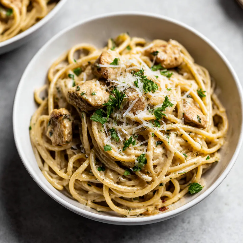 A bowl of pasta with chicken and cheese.
