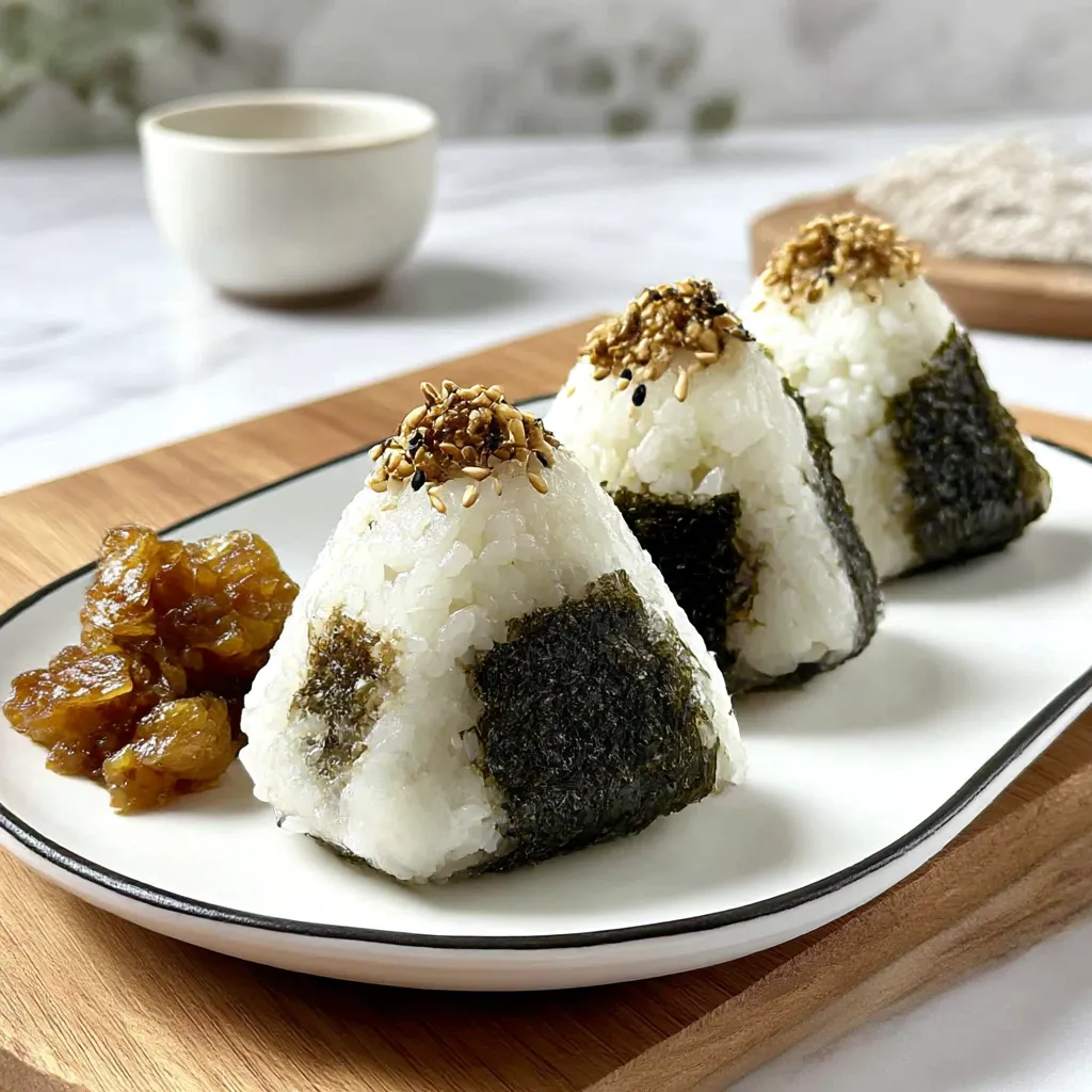 Three rice balls with sesame seeds on a plate.