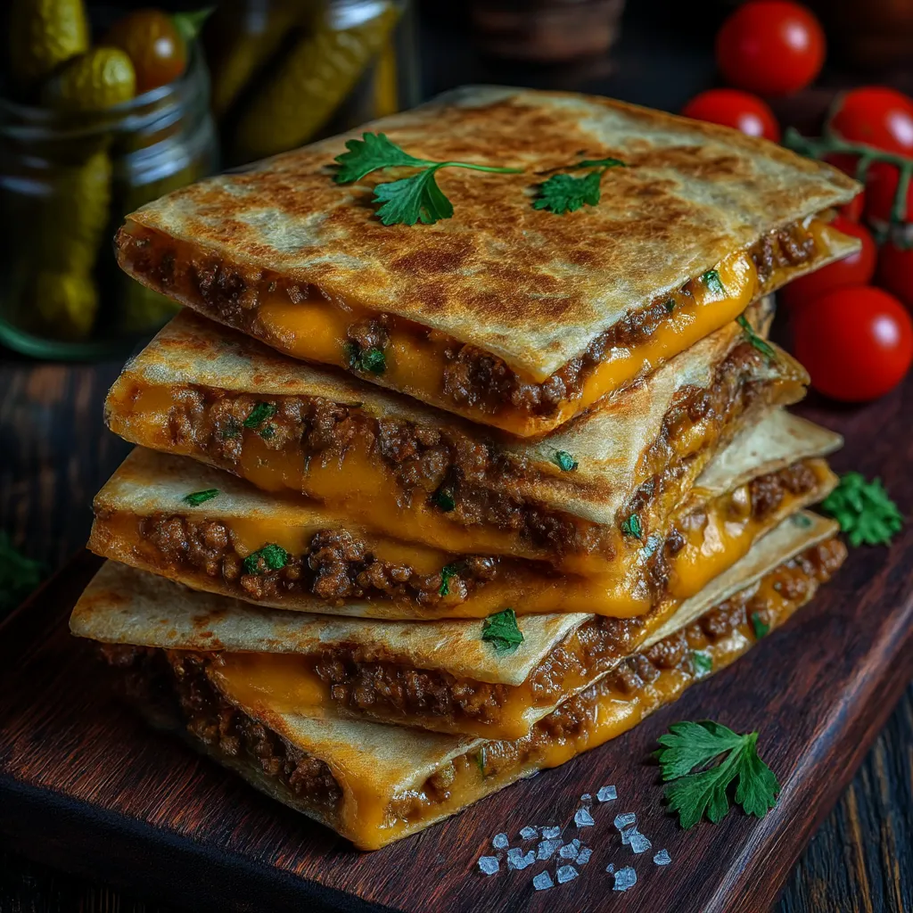 A stack of sandwiches with cheese and meat.