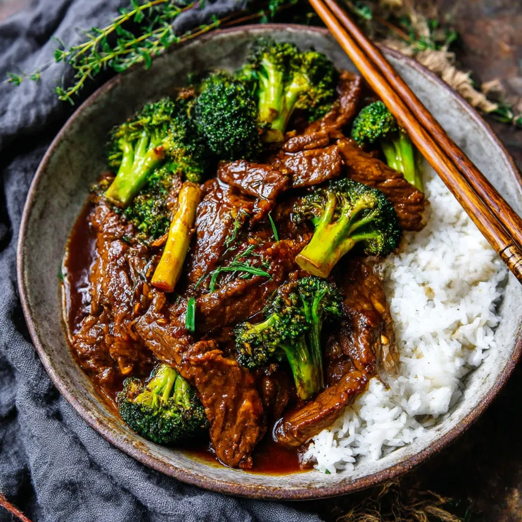 A bowl of beef and broccoli with chopsticks.