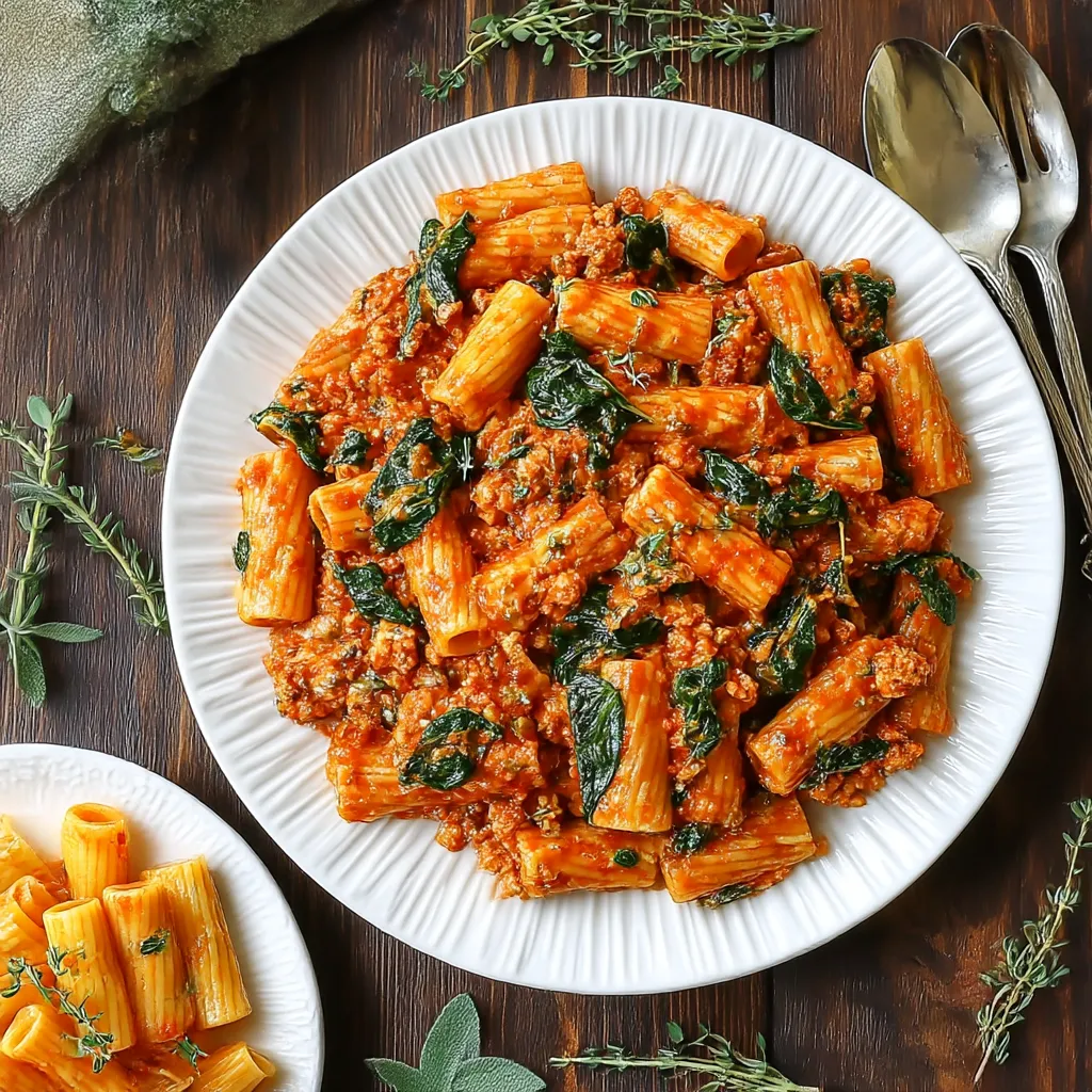 A plate of pasta with spinach and meat.