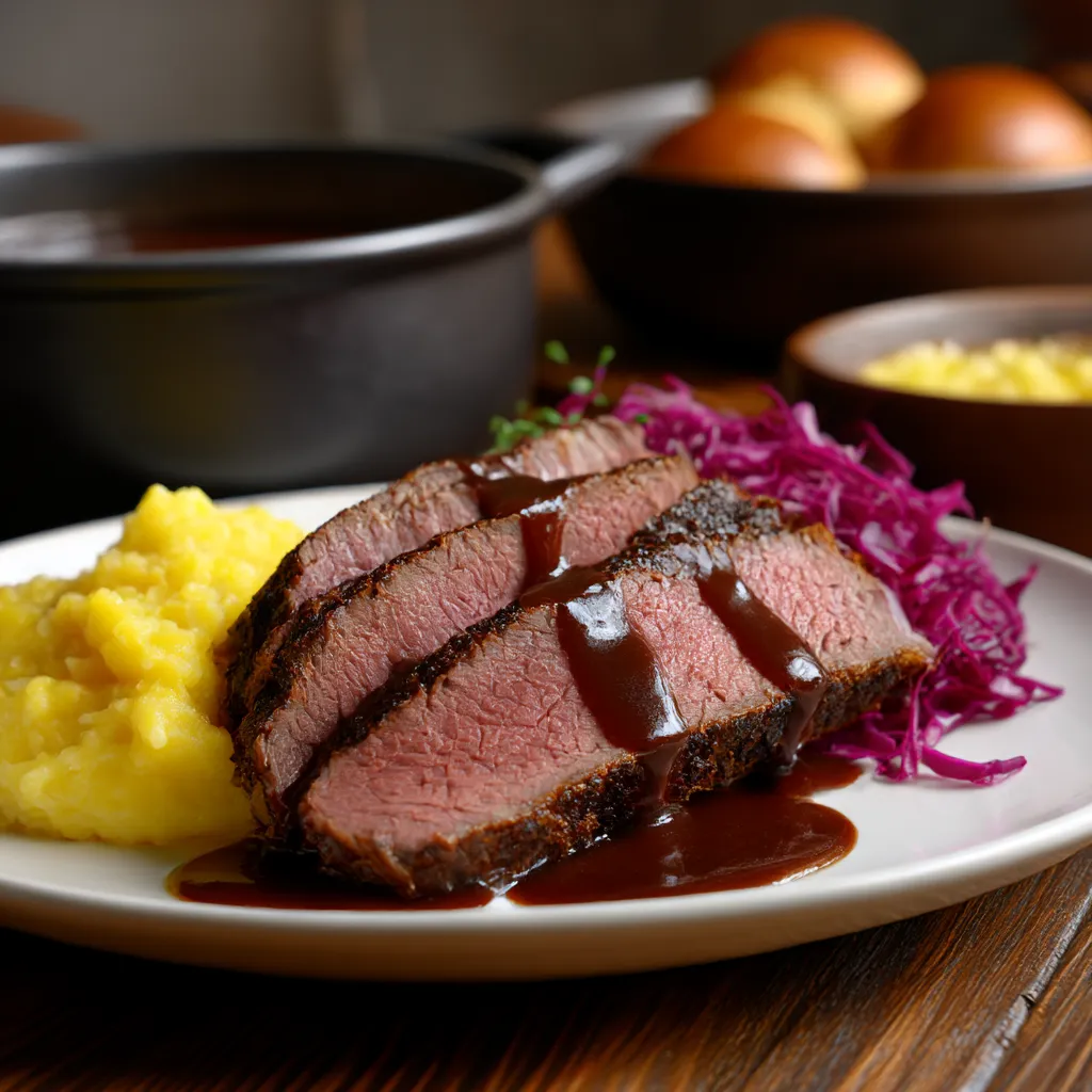 A plate of food with meat and gravy.