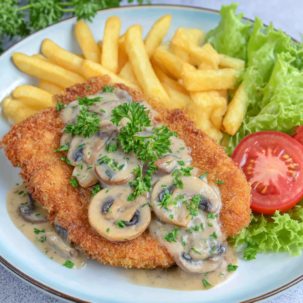 A plate of food with mushrooms and fries.