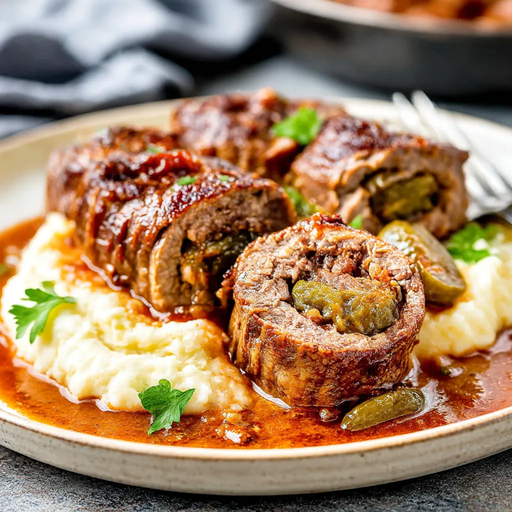 A plate of meat with gravy and potatoes.