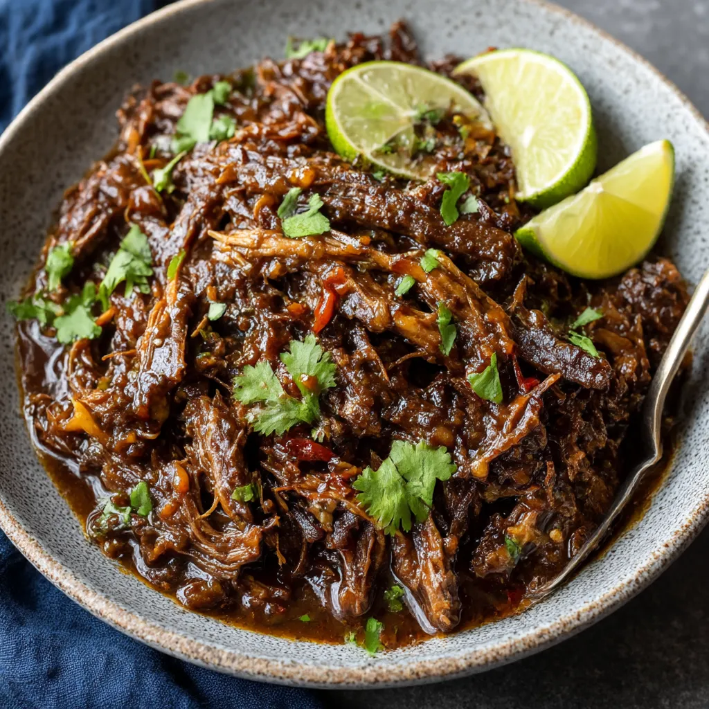 A bowl of beef stew with limes and cilantro.