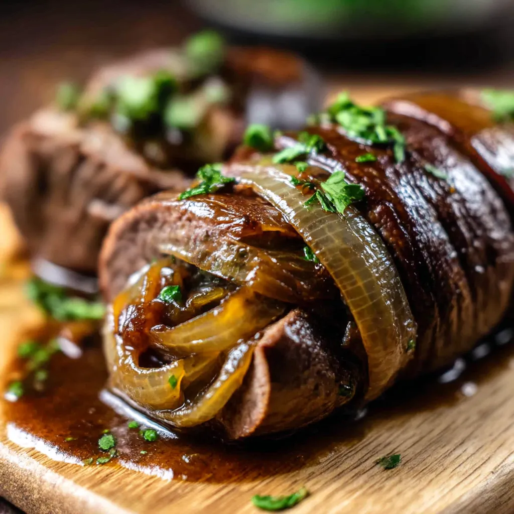 A plate of food with onions and meat.