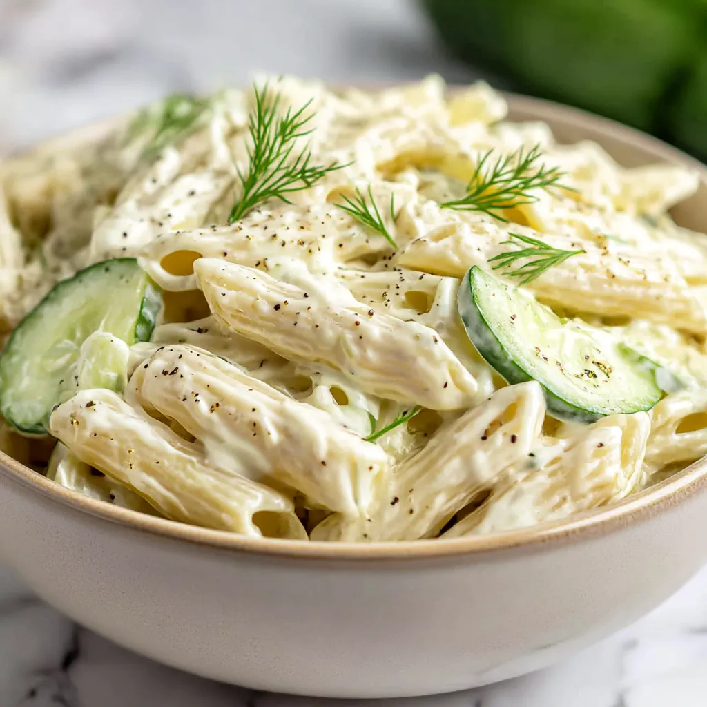 A bowl of pasta with cucumbers and herbs.