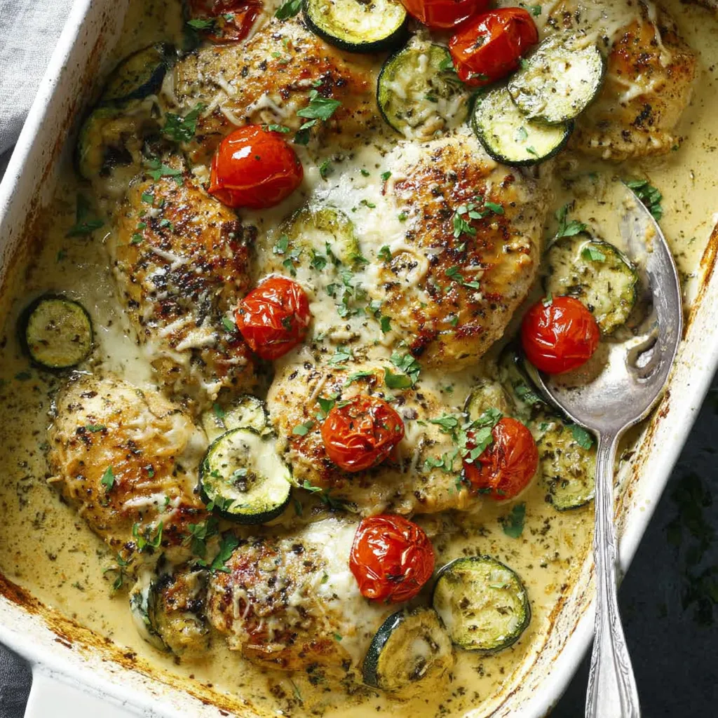A dish of chicken with tomatoes and zucchini.