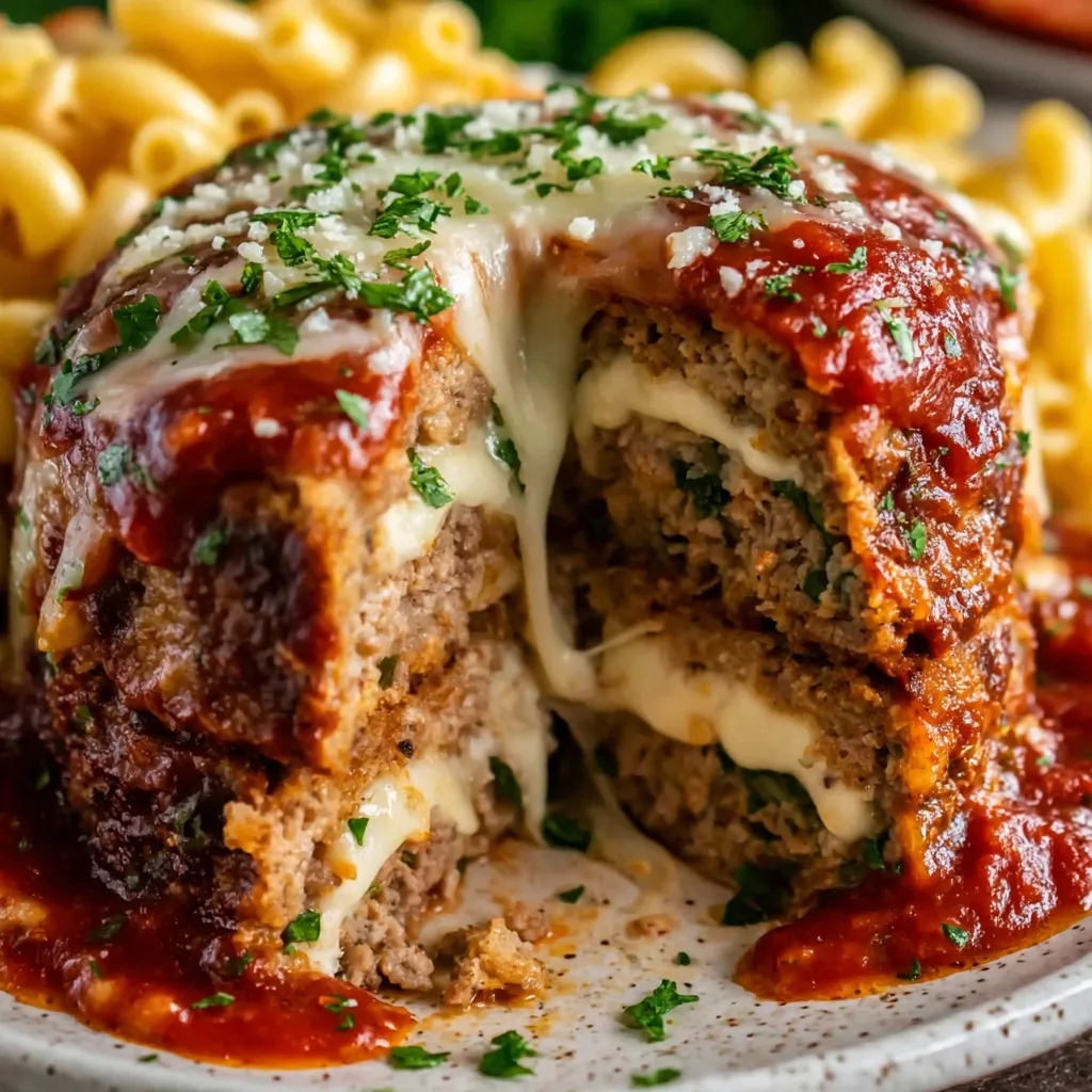 A plate of food with a meatball and cheese on top.