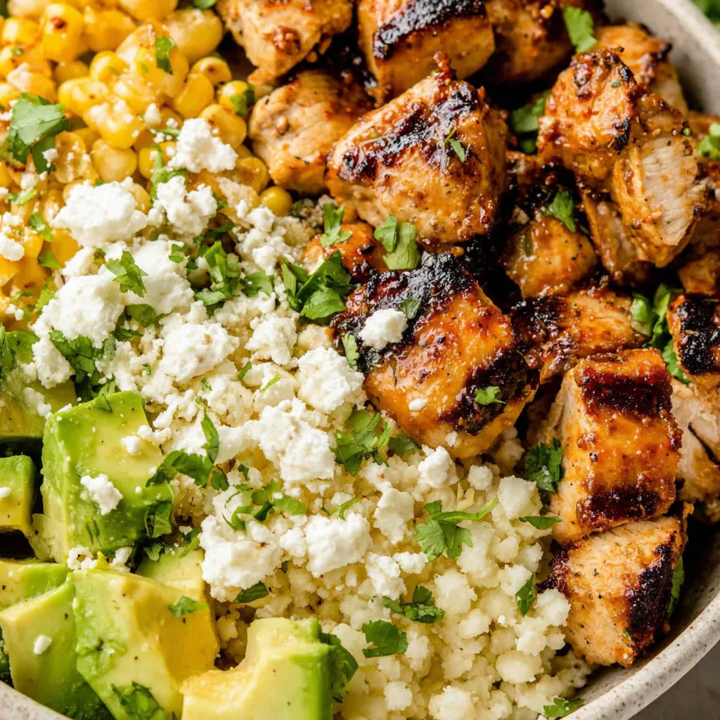 A bowl of food with chicken, corn, and avocado.