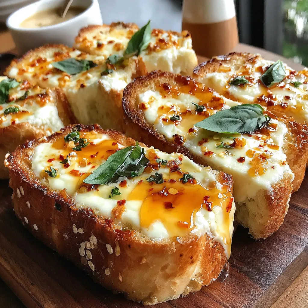 A plate of bread with cheese and herbs.