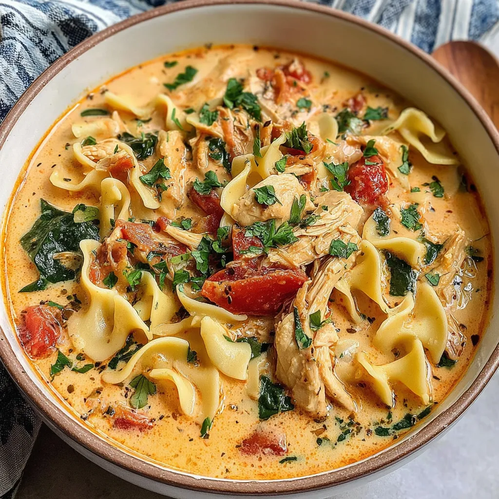 A bowl of soup with noodles and chicken.