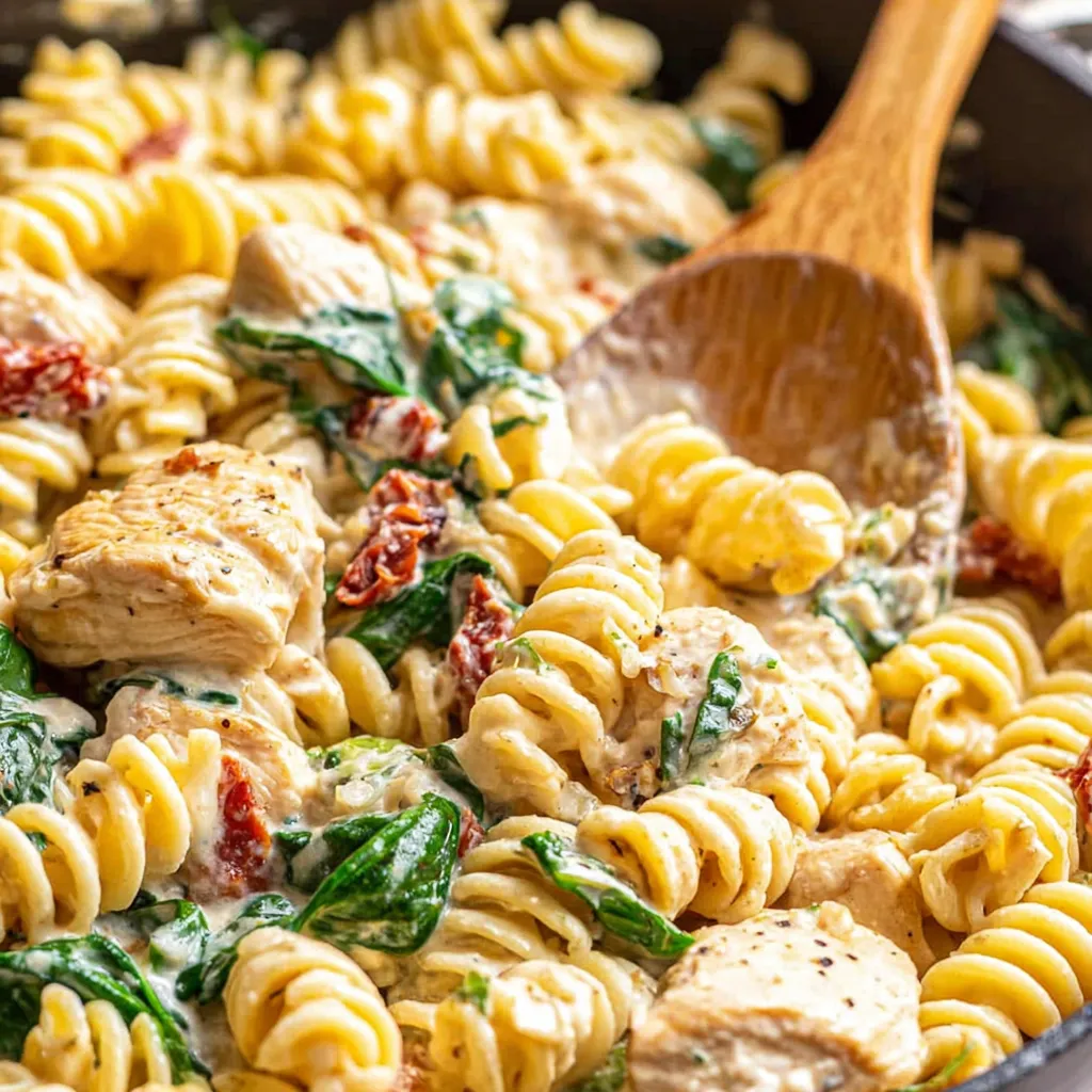 A bowl of pasta with chicken and spinach.