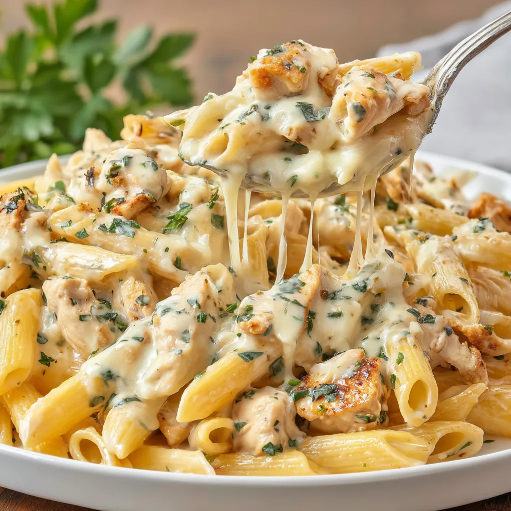 A plate of pasta with chicken and cheese.