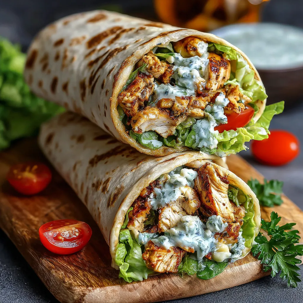 A chicken wrap with lettuce and blue cheese.