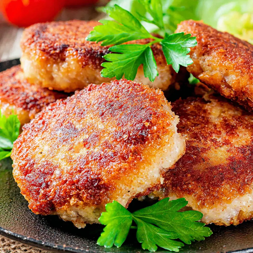 A plate of chicken patties with parsley.