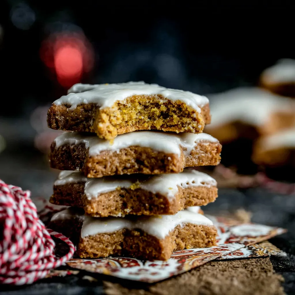 A stack of cookies with white frosting.