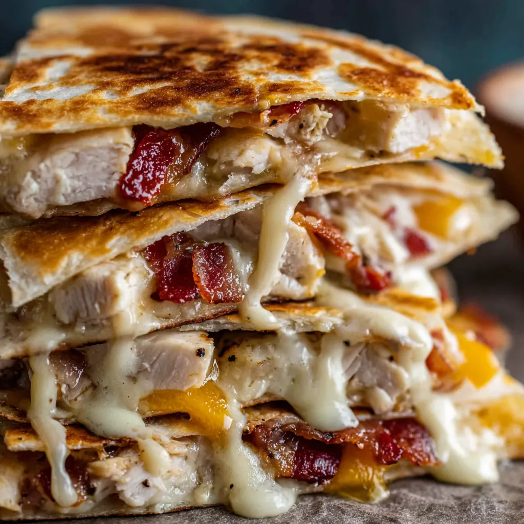 A stack of chicken sandwiches with bacon and cheese.