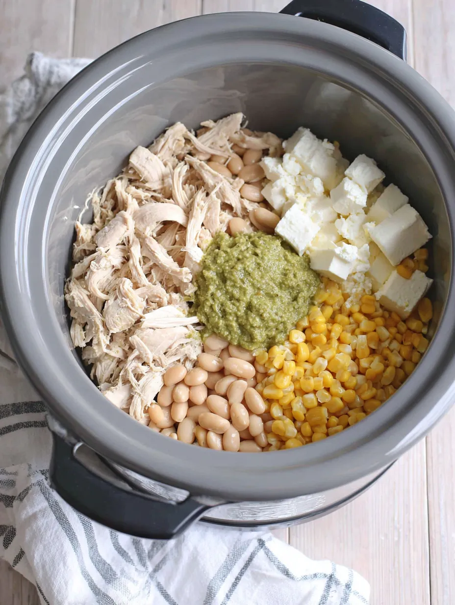 A pot of food with chicken, beans, corn, and cheese.