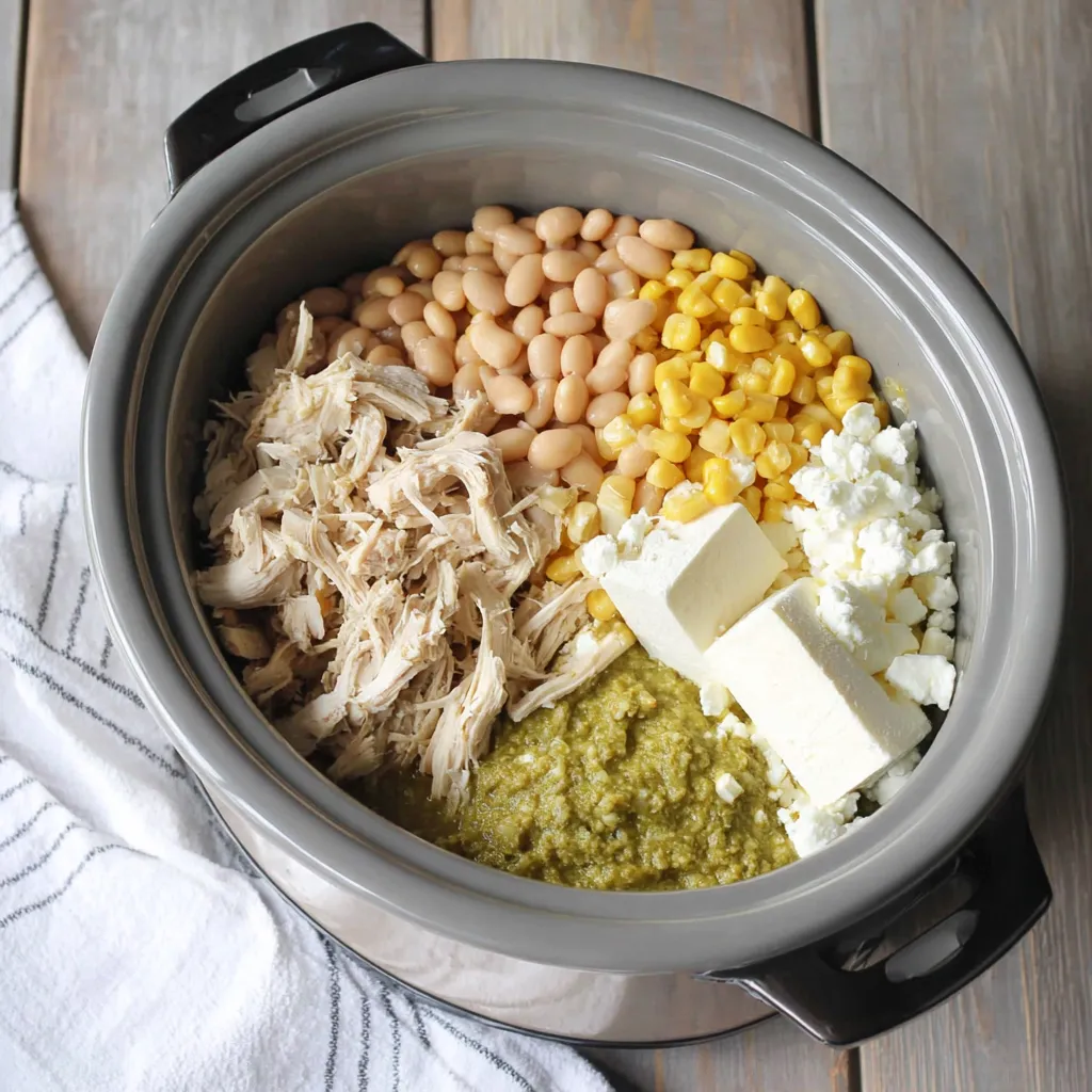 A pot of food with chicken, beans, corn, and cheese.