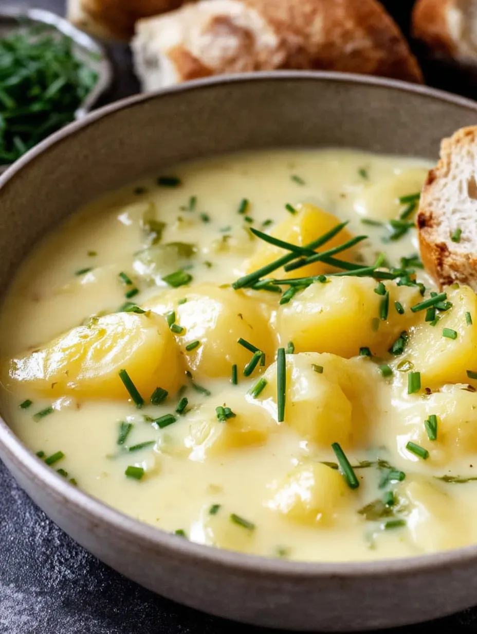 A bowl of soup with a piece of bread on top.
