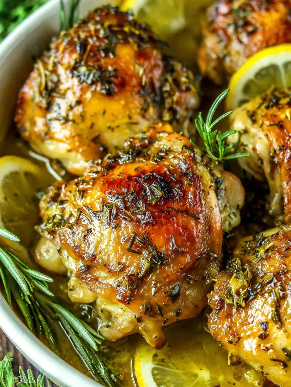 A bowl of chicken with lemon slices.
