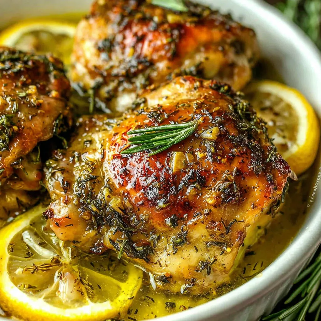 A bowl of chicken with lemon slices on top.