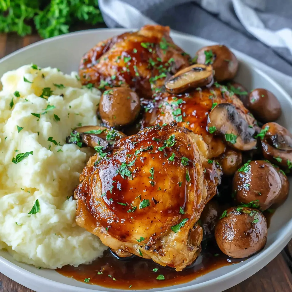 A plate of mushrooms and potatoes.