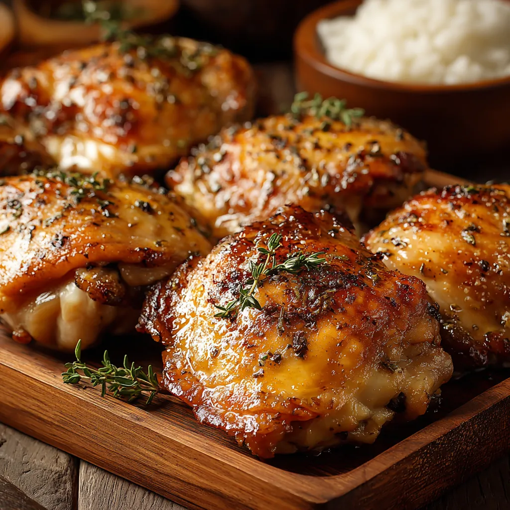 Chicken on a wooden platter.