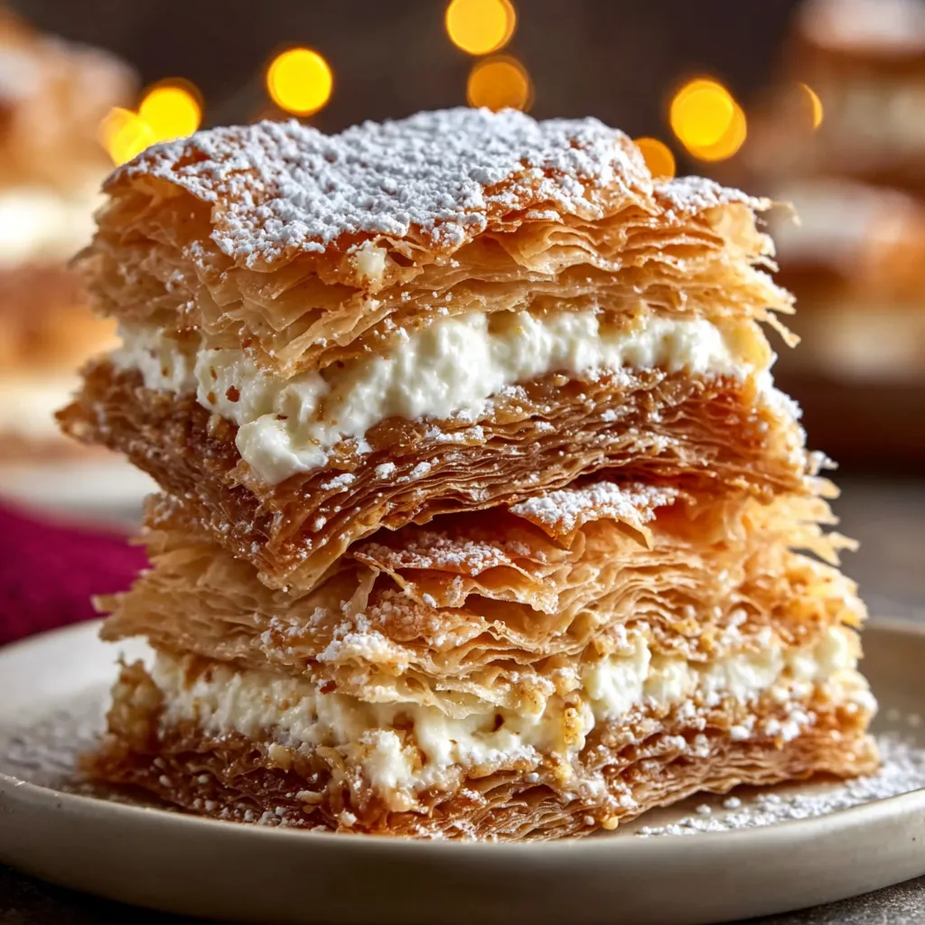 A stack of pastry with powdered sugar on top.