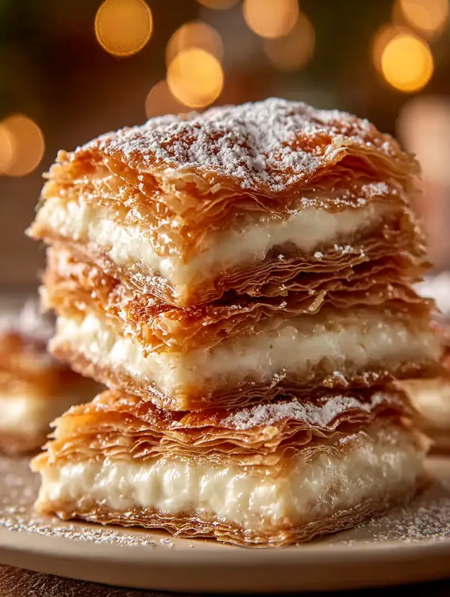 A stack of pastry with powdered sugar on top.