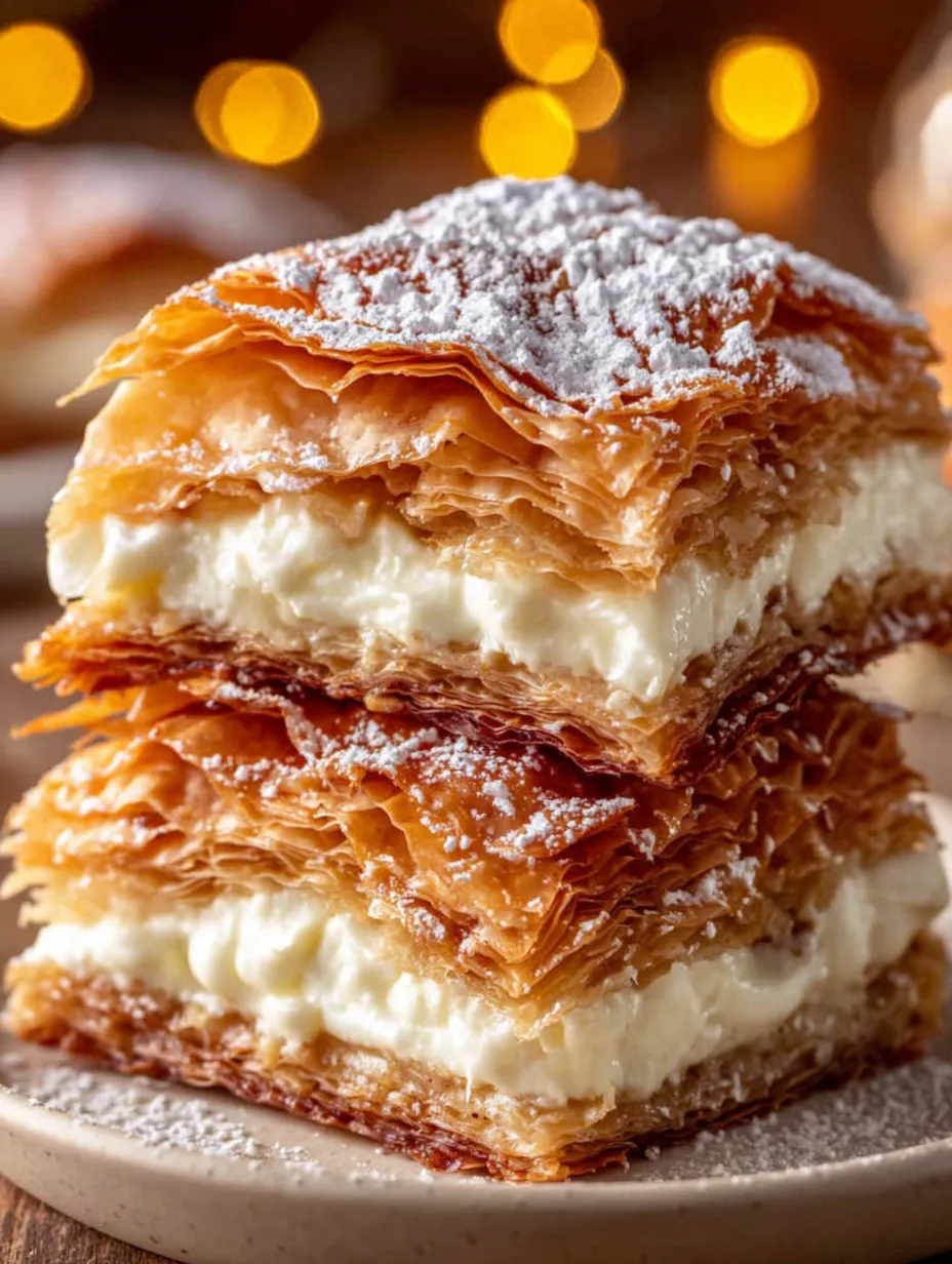 A stack of three pastries with powdered sugar on top.