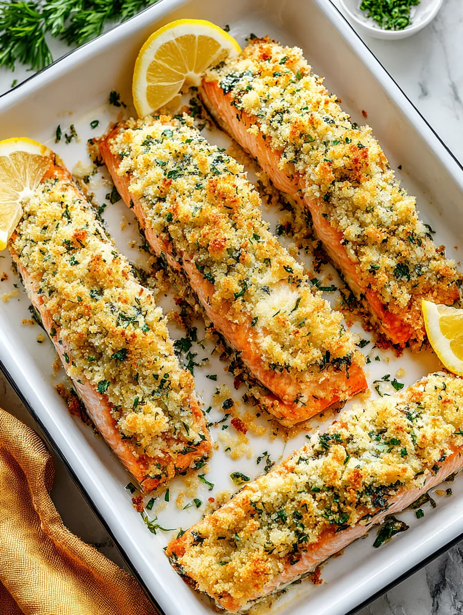 A plate of cooked salmon with lemon wedges on top.