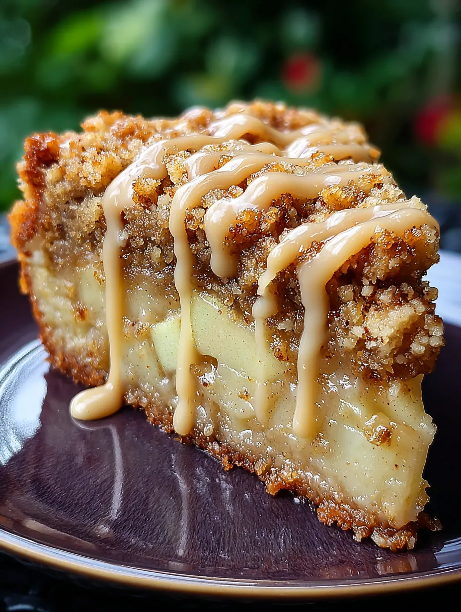 A slice of pie with caramel drizzled on top.