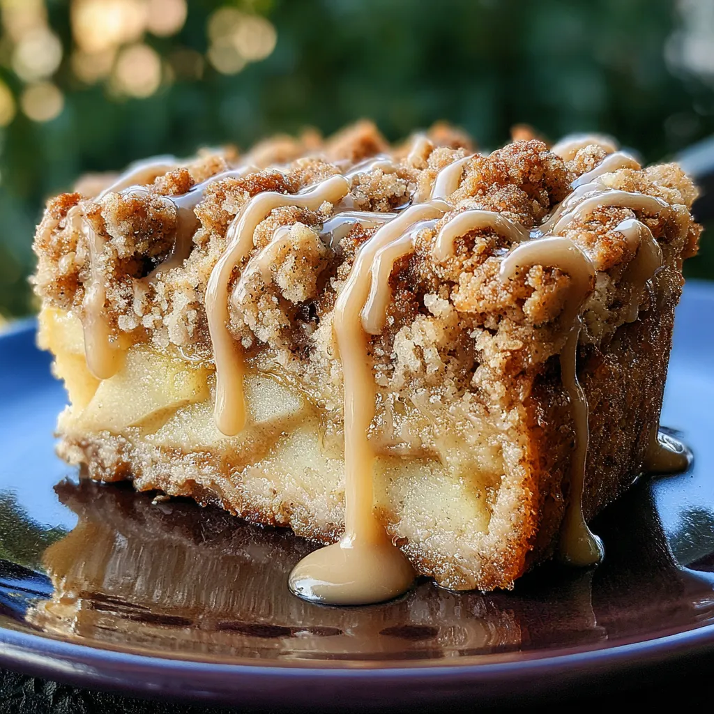 A slice of cake with caramel drizzled on top.