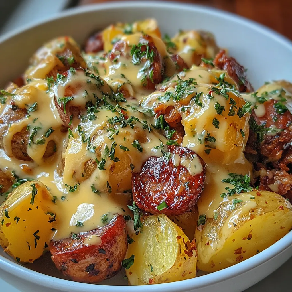 A bowl of food with potatoes and sausage.